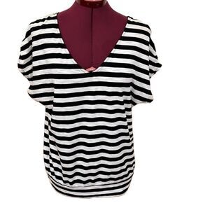 EXPRESS Black & White Striped Tee Double VNeck Short Sleeve 100% Cotton NWOT